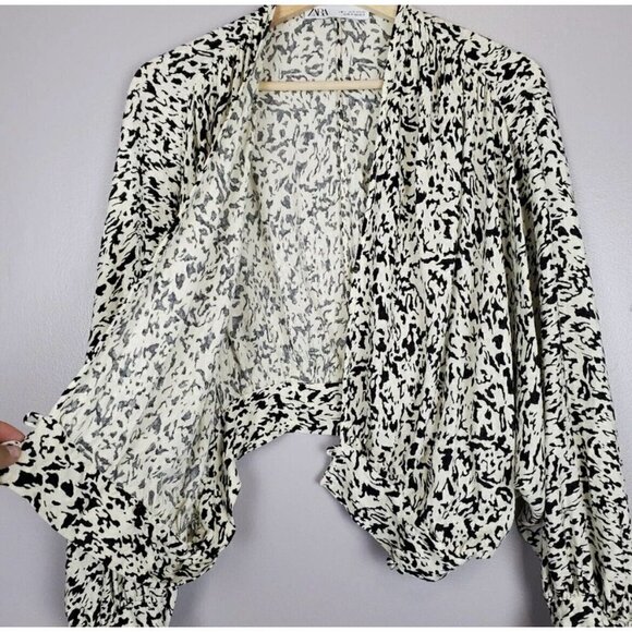 ZARA wrapped dolman balloon sleeve blouse top XSMALL IVORY black abstract print - Picture 5 of 16